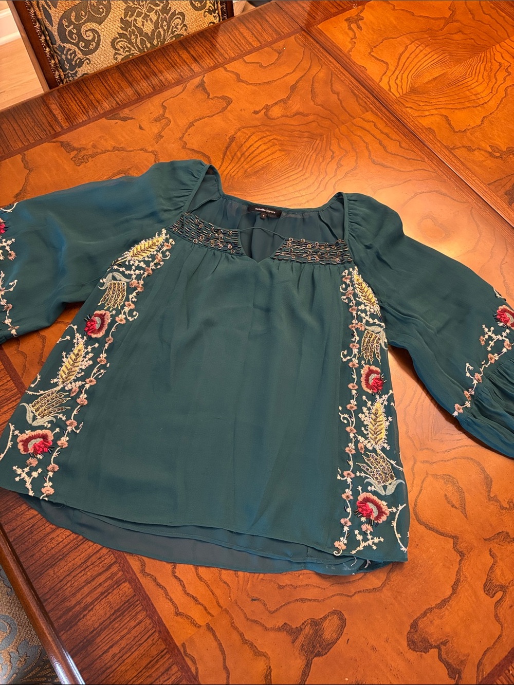Nanette Lepore Teal Embroidered Silk Peasant Blouse With Long Sleeves Size 4